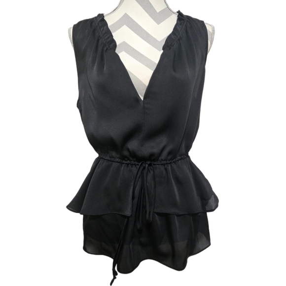Cynthia Steffe Tops - CYNTHIA STEFFE Hanna Black Ruffle Blouse Drawstring Waist Sleeveless Size Medium